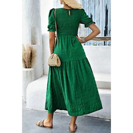 Dark Green Solid Textured Smocked Puff Short Sleeve High Waist Long Dress