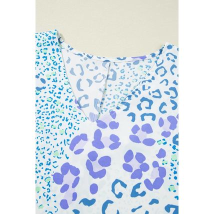Sky Blue Leopard Print Short Sleeve V Neck Plus Size Top