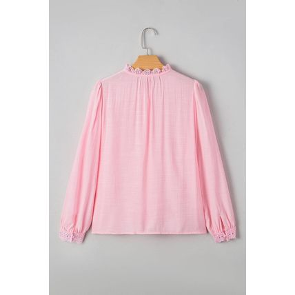 Gossamer Pink Lace Patchwork Edge Collarless Button Up Shirt