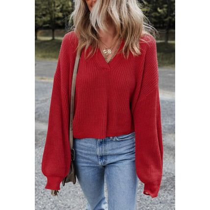 Racing Red Solid Textured Knit V Neck Drop Shoulder Sweater