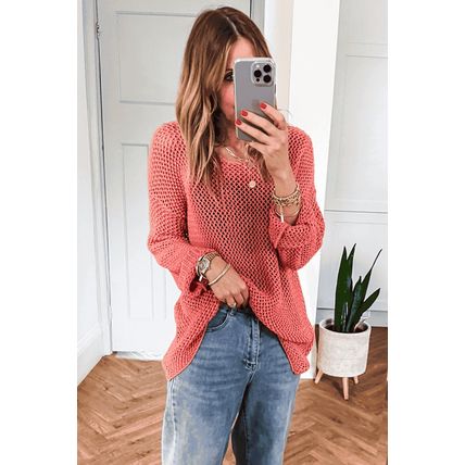 Coral Crochet Hollow-out Jumper Top Sweater