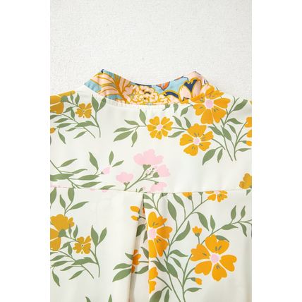 Sky Blue Floral Print Ruffled Long Sleeve Crochet Trim V Neck Blouse