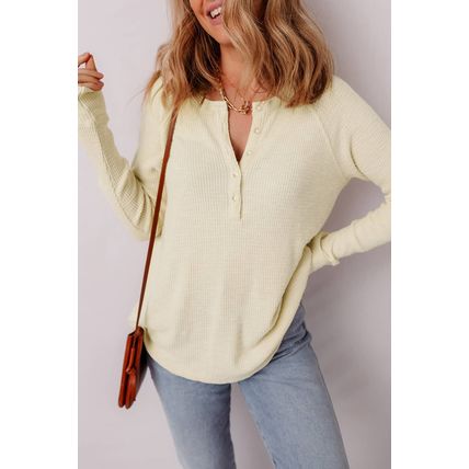 Oatmeal Textured Knit Half Buttons Henley Top