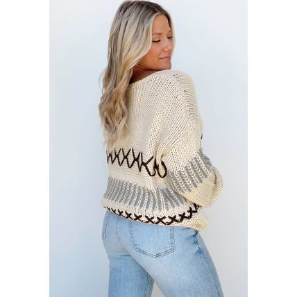 Parchment Contrast Stitch Detail V Neck Drop Shoulder Sweater