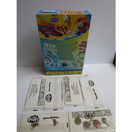 Quaker Sugar Puffs 2000 Trick Stickers Cereal Box & Set of 6 Sticker Packets