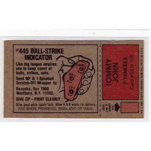 1981 Topps Scratch-Off Tommy John #52 baseball card –Scratchoffs-Yankees