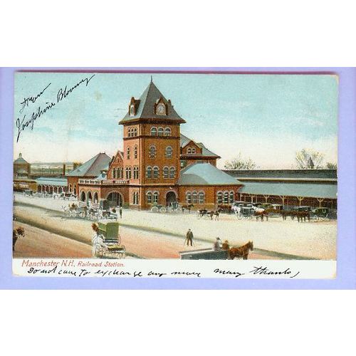 NH Manchester Railroad Station View Large Brick Station w/4 Sided Clock To~170