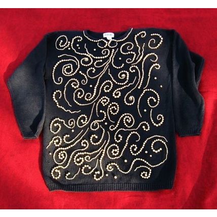 Womens Victoria Jones Black Sweater L Large Gold Beading Ugly Interesting Heavy
