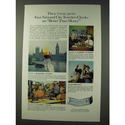 1964 First National City Bank Travelers Checks Ad - 3 Tests