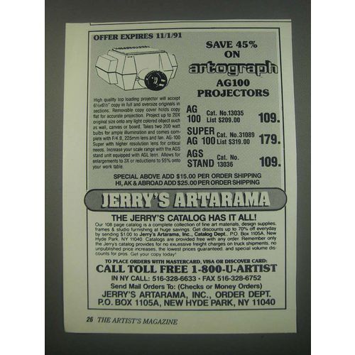 1991 Jerry's Artarama Ad - Save 45% on Artograph AG100 Projectors