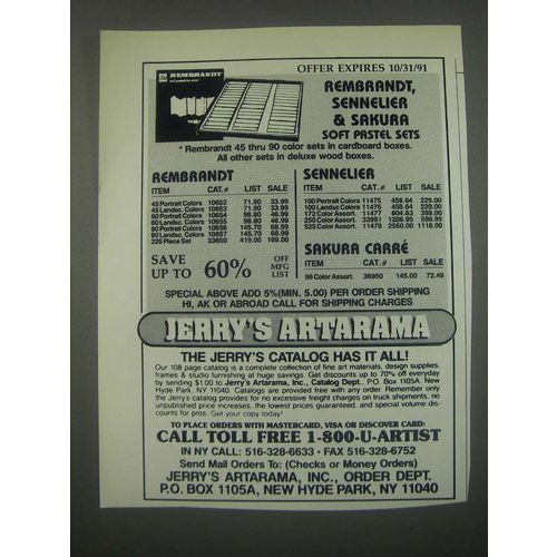 1991 Jerry's Artarama Ad - Offer expires 10/31/91 Rembrandt, Sennelier & Sakura