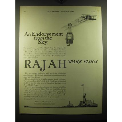 1917 Rajah Spark Plugs Ad - An endorsement from the sky