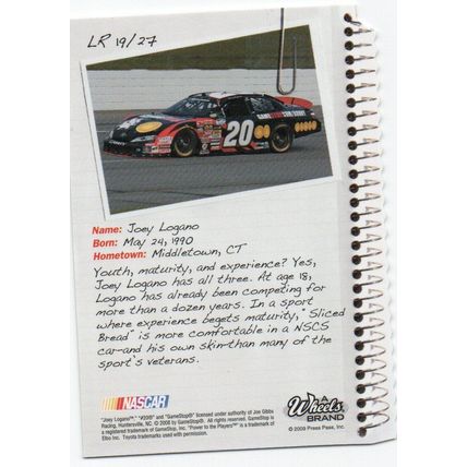 2009 Wheels Element Lab Report Joey Logano #LR19 NASCAR Insert
