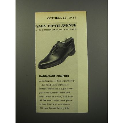 1955 Saks Fifth Avenue Shoes Ad - Hand-Made Comfort