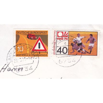 Lambrecht Pfalz postmark Germany 1975 on World Cup 40pf +Obstruction sign 10pf