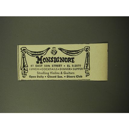 1960 Monsignore Restaurant Ad - Monsignore