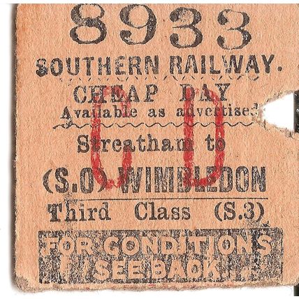 Southern Railway Edmondson Ticket - Streatham to Wimbledon