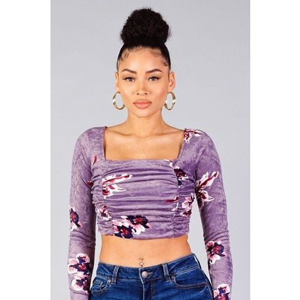 Women's Ruched Velvet Floral Back Tie Crop Top