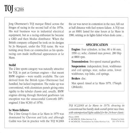 Collectors Club card. Classic Cars. TOJ SC206S racing car