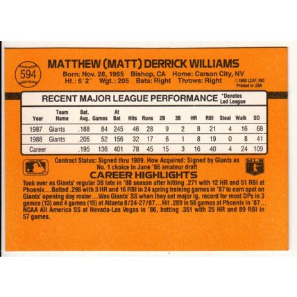 1989 Donruss Matt Williams baseball card #594 – *denotes