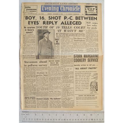 1952 South-West Lancs Evening Chronicle No. 17,225 Boy 16 Shot PC Between Eyes