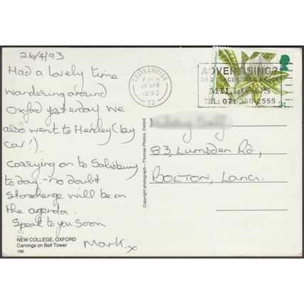 Carvings on Bell Tower, New College, Oxford, 1993 - Thomas Postcard