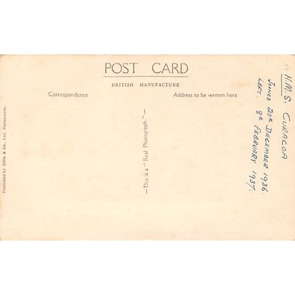 H M S Curacoa : Mills & Co real photo style postcard 342
