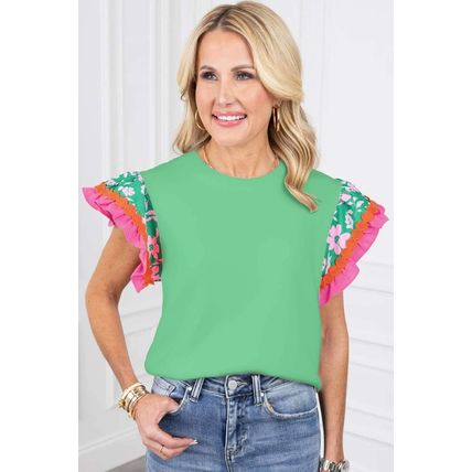 Light Green Contrast Ricrac Floral Sleeve Top