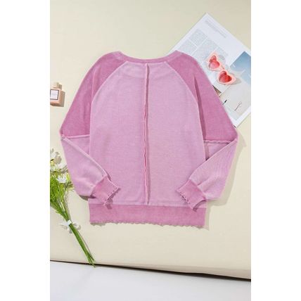 Pink Waffle Knit Patchwork Exposed Seam Raglan Sweatshirt