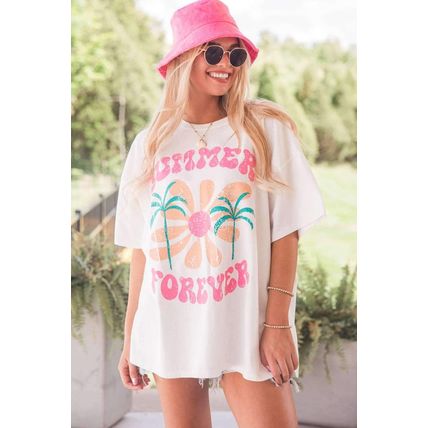 White SUMMER FOREVER Flower Graphic T Shirt