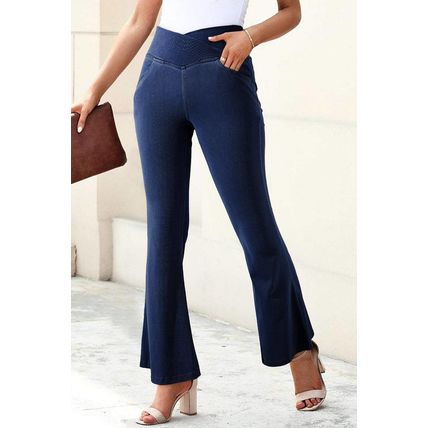 Dusk Blue Solid Crossed Waist High Elastic Fit Flare Knit Jeans