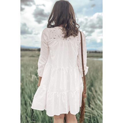 White Floral Lace Patchwork Bracelet Sleeve Tiered Mini Dress