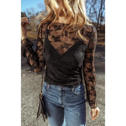 Black Lace Mesh Crochet Splicing Slim Fit Long Sleeve Blouse