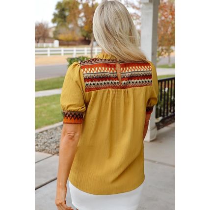 Mustard Geometric Short Puff Sleeve Frilled Collar Blouse