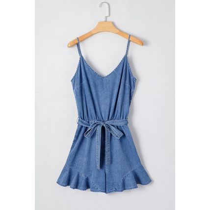 Ashleigh Blue Spaghetti Straps V Neck Belted Ruffled Leg Chambray Romper