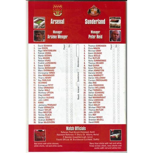 Arsenal v Sunderland Football Programme Premiership 15/01/2000