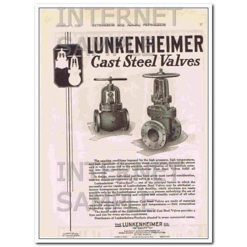 LUNKENHEIMER COMPANY 1921 oil pipeline Cast Steel Valves vintage ad