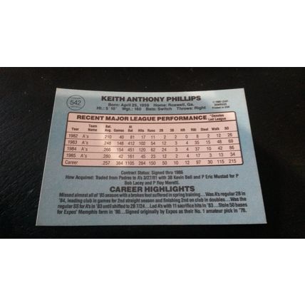 1986 Donruss Card # 542 Tony Phillips Excellent (5) Oakland Athletics