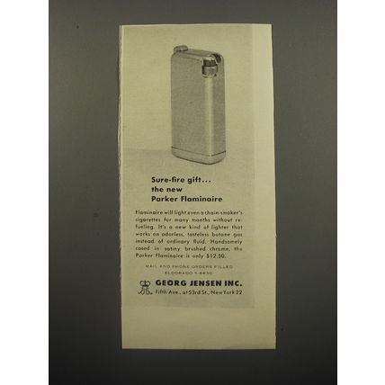 1950 Georg Jensen Parker Flaminaire Cigarette Lighter Ad - Sure-Fire gift