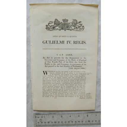 1834 Act of Parliament: repayment to Governor & Co of Bank of England debt due