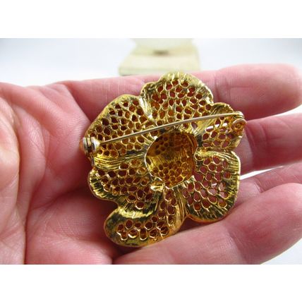 Rare Gold Plated & Silver Beaded Filigree Rose Brooch pin Vintage