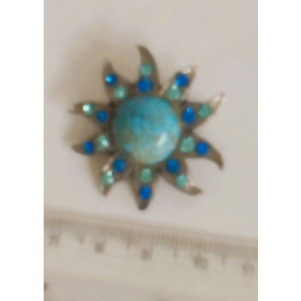 Peking Glass Brooch Blue Star Cabochon with Blue Crystal Stones Vintage Pin