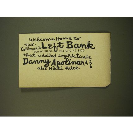 1961 Left Bank Club Ad - Danny Apolinar & Trio also Nikki Price