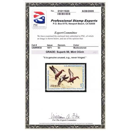 RW38, Mint Superb NH $3 Duck Stamp - PSE Graded 98 SMQ $175 * Stuart Katz