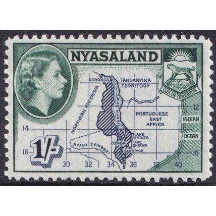 Nyasaland QEII 1953-54 1s Deep Blue Slate Green Map SG182 Mint MH