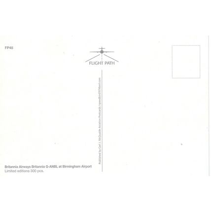 BRITANNIA AIRCRAFT BRITANNIA AIRWAYS AT BIRMINGHAM AIRPORT CARD NO FP 45