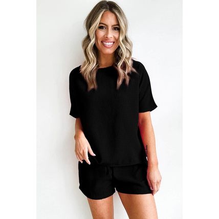 Black Casual Textured Tee and Drawstring Shorts Set