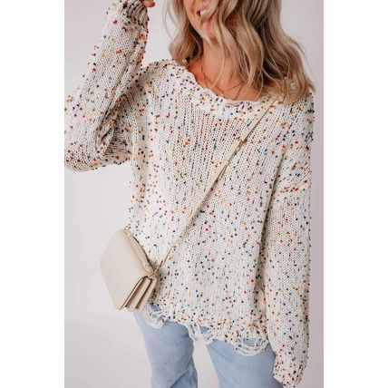 White Colorful Confetti Distressed Knit Sweater
