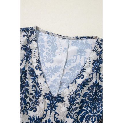 Blue Vintage Flower Tree Quarter Sleeve V Neck Blouse