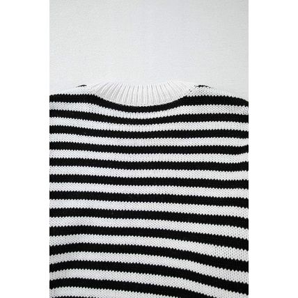 Black white Striped Drop Shoulder Bishop Sleeve Knit Sweater
